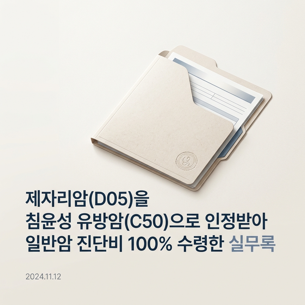 제자리암(D05)을 침윤성 유방암(C50)으로 인정받아 일반암 진단비 100% 수령한 실무 기록